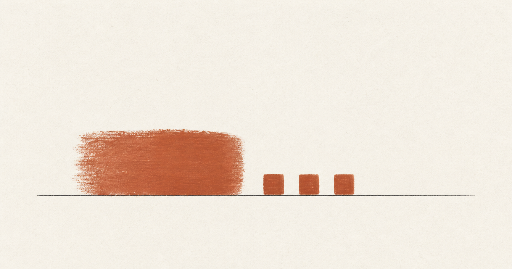 A single broad clay form on warm paper dividing into three smaller, distinct marks.