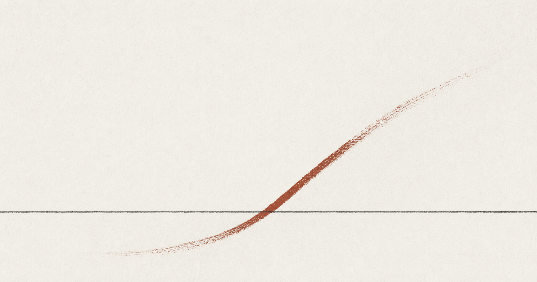 A single clay brushstroke on warm paper, solid where it crosses a hairline rule and fading to faint at either end.